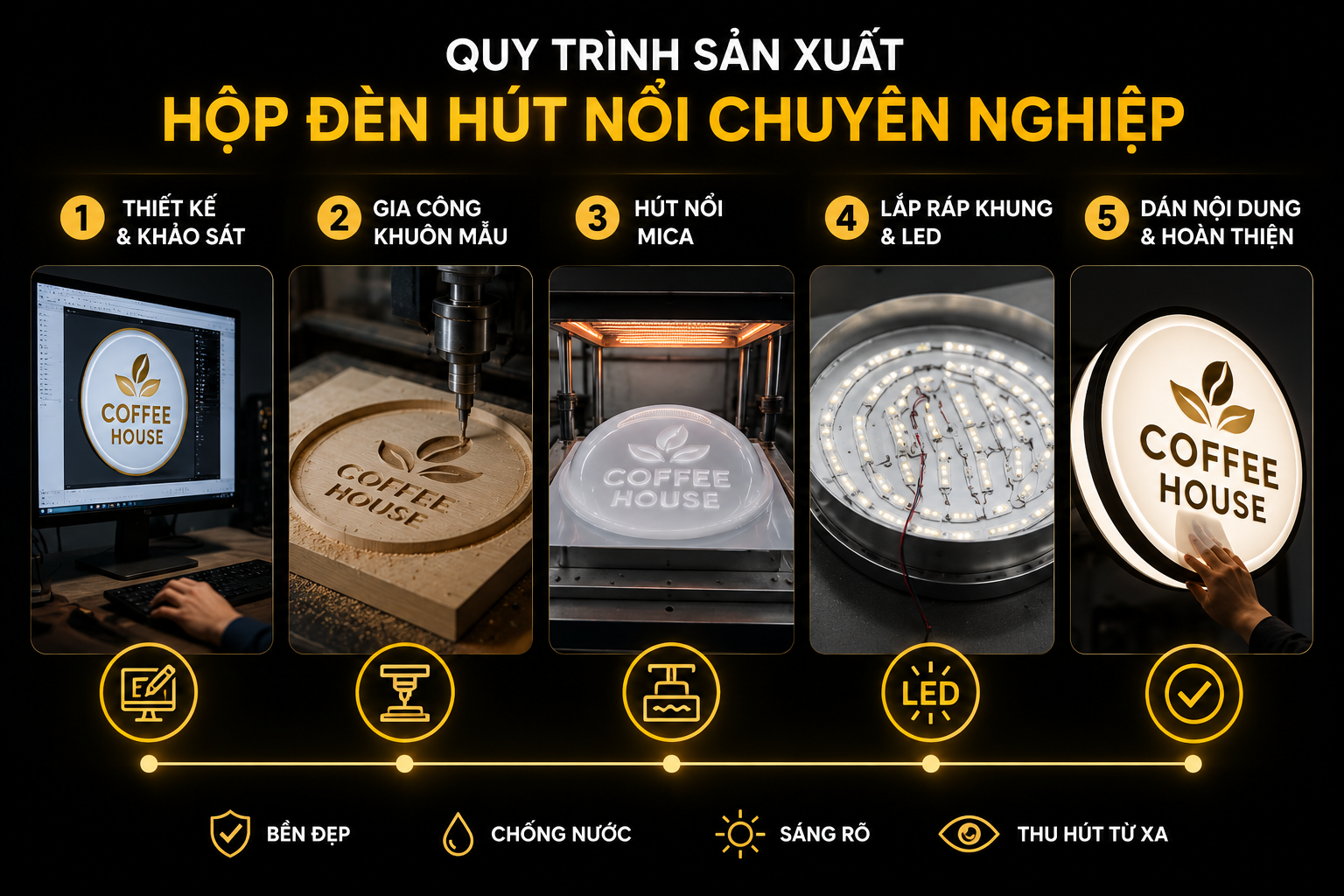 Quy trình sản xuất hộp đèn hút nổi chuyên nghiệp